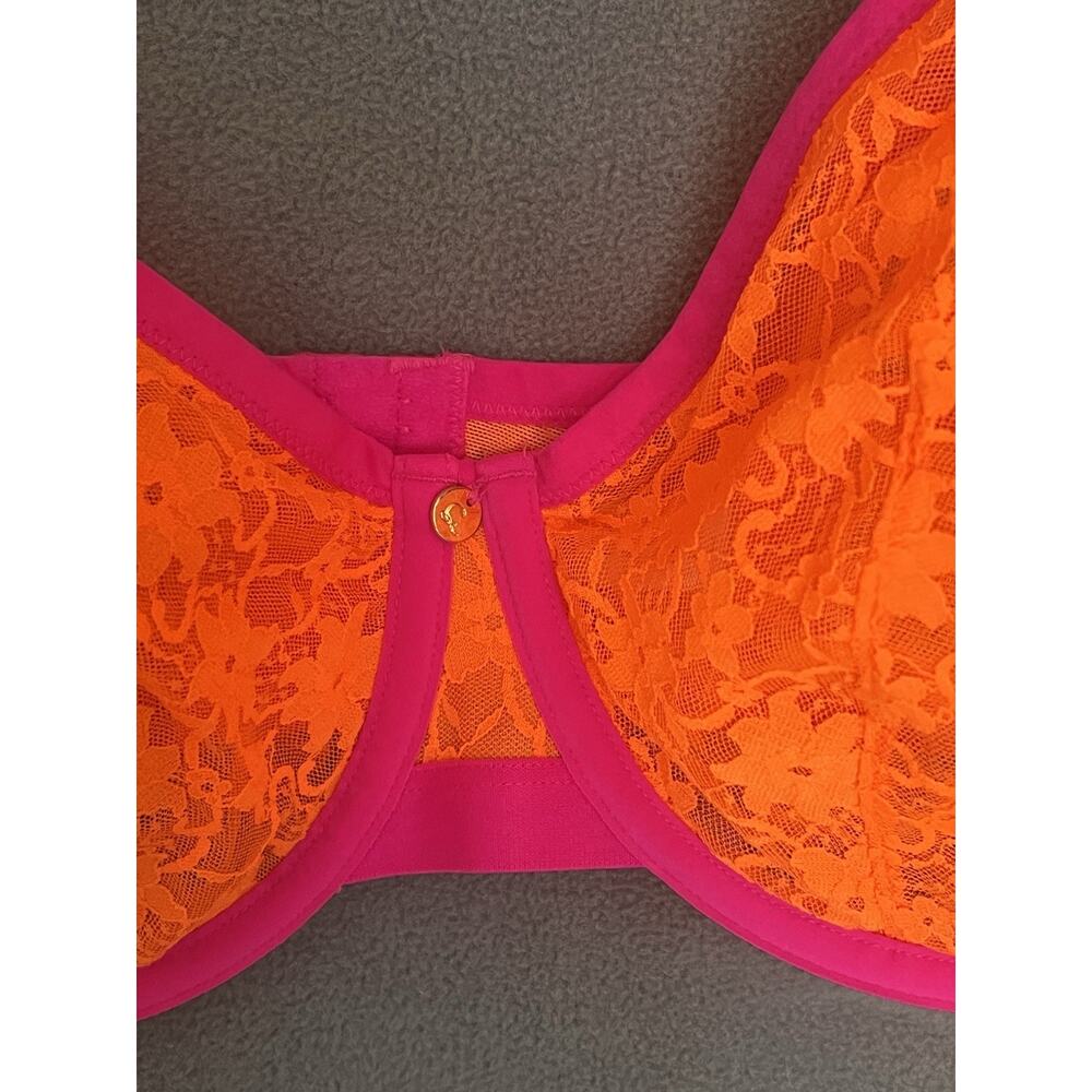 Cacique Unlined Demi Bra 40DDD Orange Pink Floral Lace Underwire Sexy Feminine - Picture 4 of 10